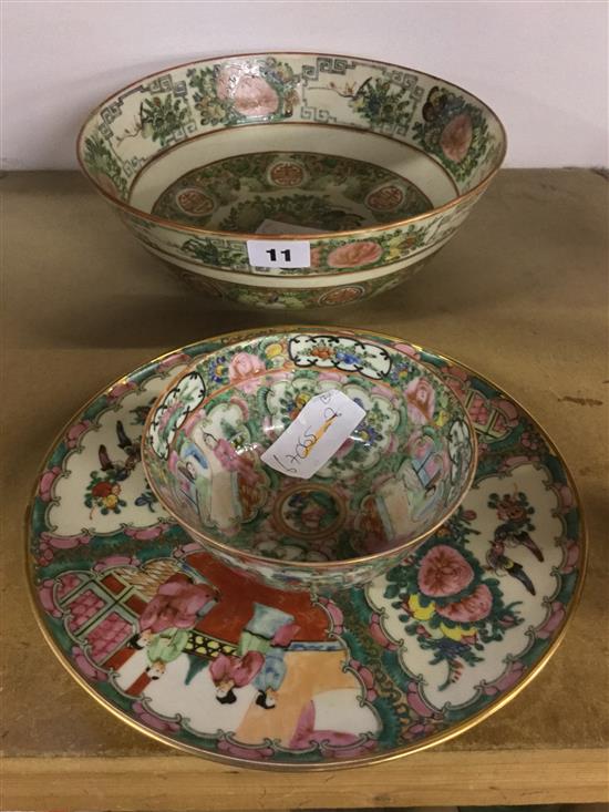 2 Canton Famille Rose bowls and a plate